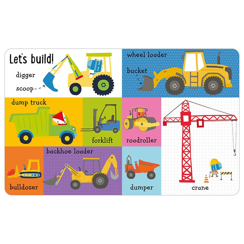 MAKE BELIEVE IDEAS 100 Things That Go collage of colorful construction vehicles and a tall crane