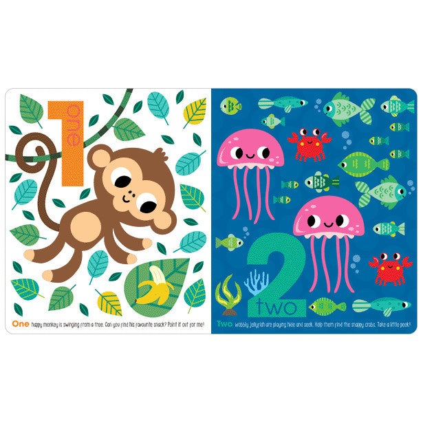 Make Believe Ideas 123 Book spread featuring a brown monkey among leaves and pink jellyfish on a blue sea page.