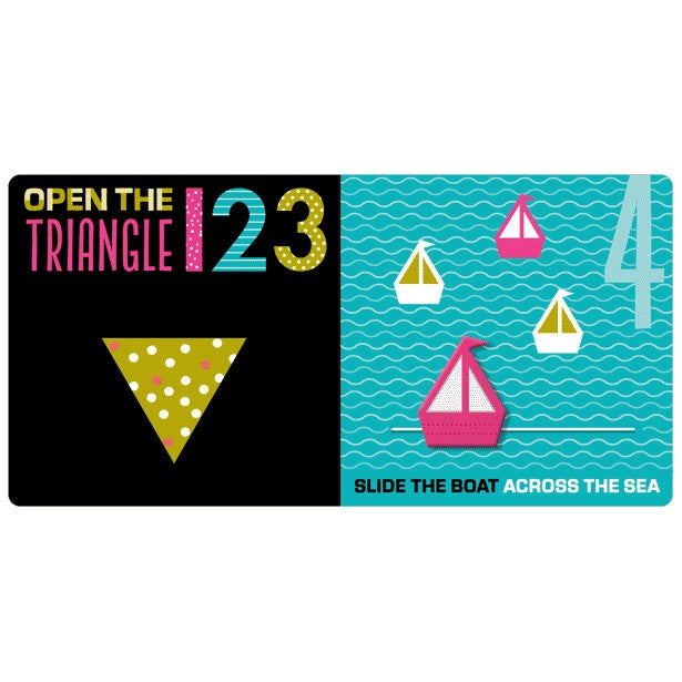 Make Believe Ideas 123 Play With Me educational toy cover; yellow dotted triangle and four sailboats on teal sea