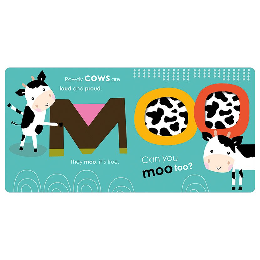 Make Believe Ideas Baa Quack Moo educational toy card with two cows on teal background