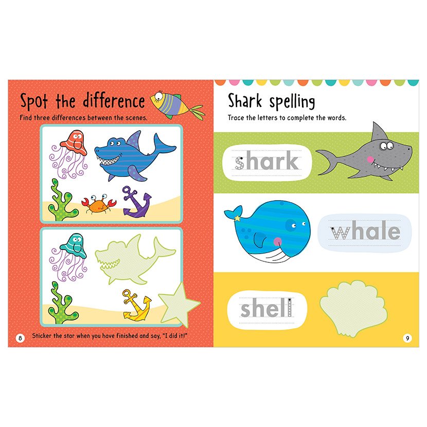 Make Believe Ideas blue educational stickers set for little hands, two sea-themed sheets with shark, whale and shell