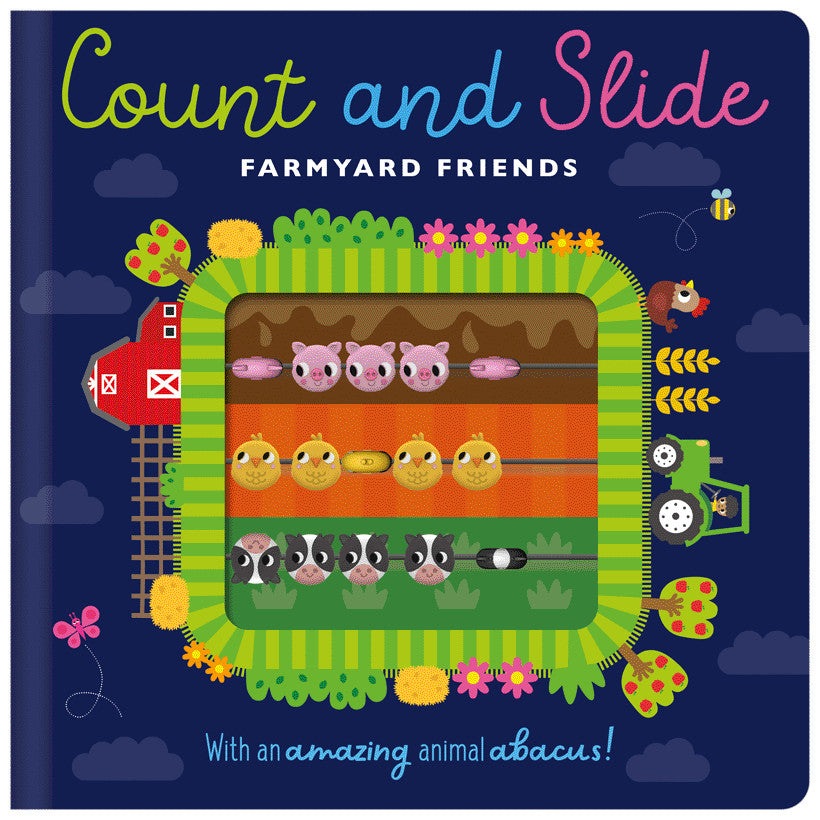 Count and Slide Farmyard Friends book by MAKE BELIEVE IDEAS; colorful farmyard slide with animated animals