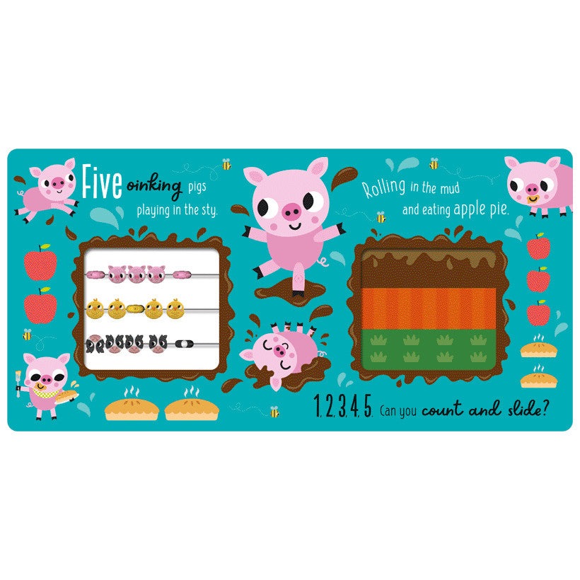 Make Believe Ideas Count And Slide Farmyard Friends educational toy on a blue mat with five pink pigs and farm slides