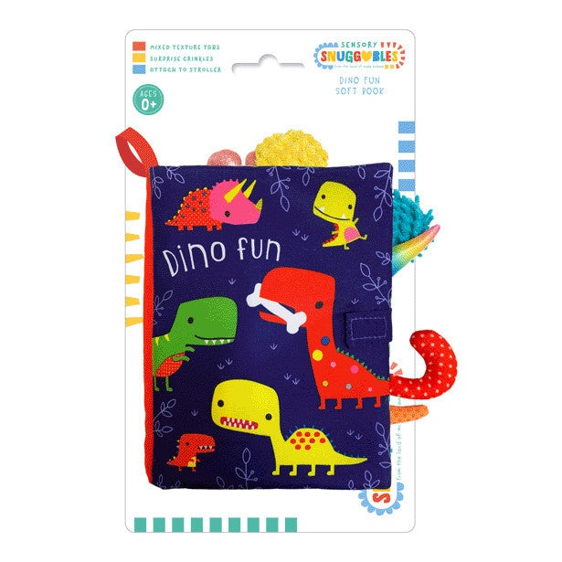 Make Believe Ideas Dino Fun cloth book for babies with bright dinosaurs on navy fabric