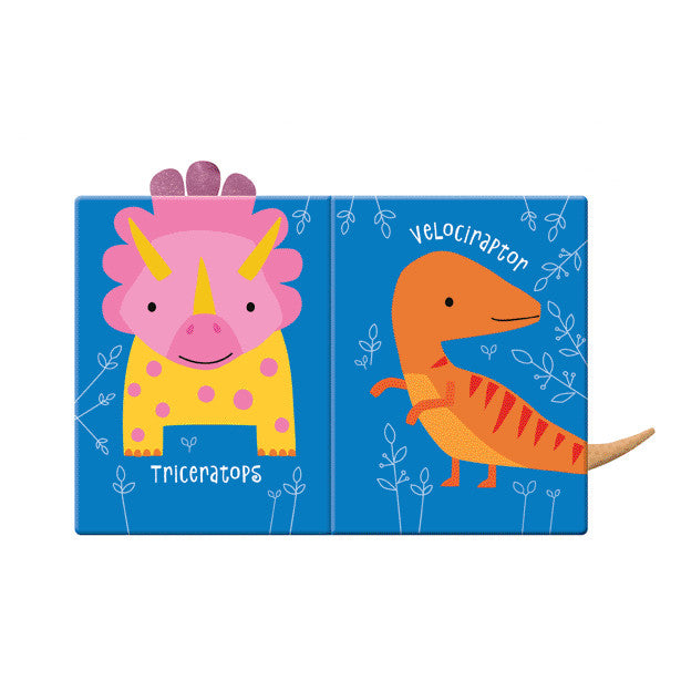Make Believe Ideas Dino Fun Cloth Book featuring two dinosaurs (Triceratops, Velociraptor) on blue pages