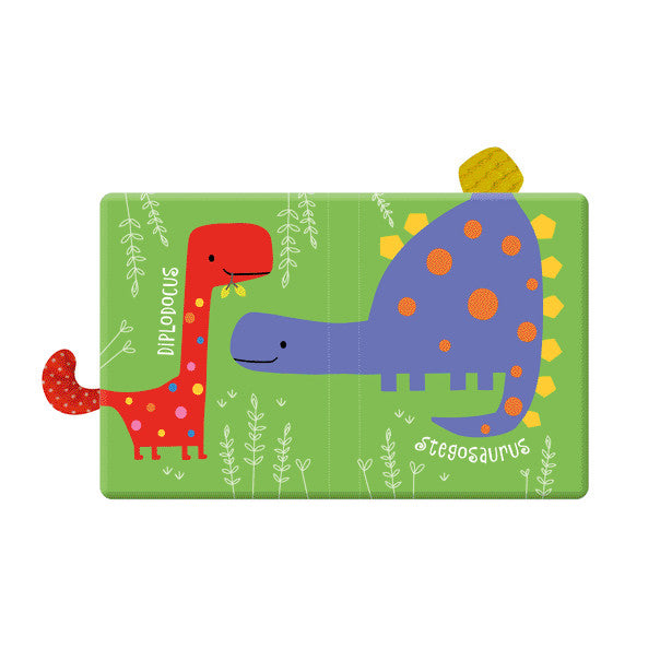 Make Believe Ideas Dino Fun cloth book with two dinosaurs (red and blue) on a green background