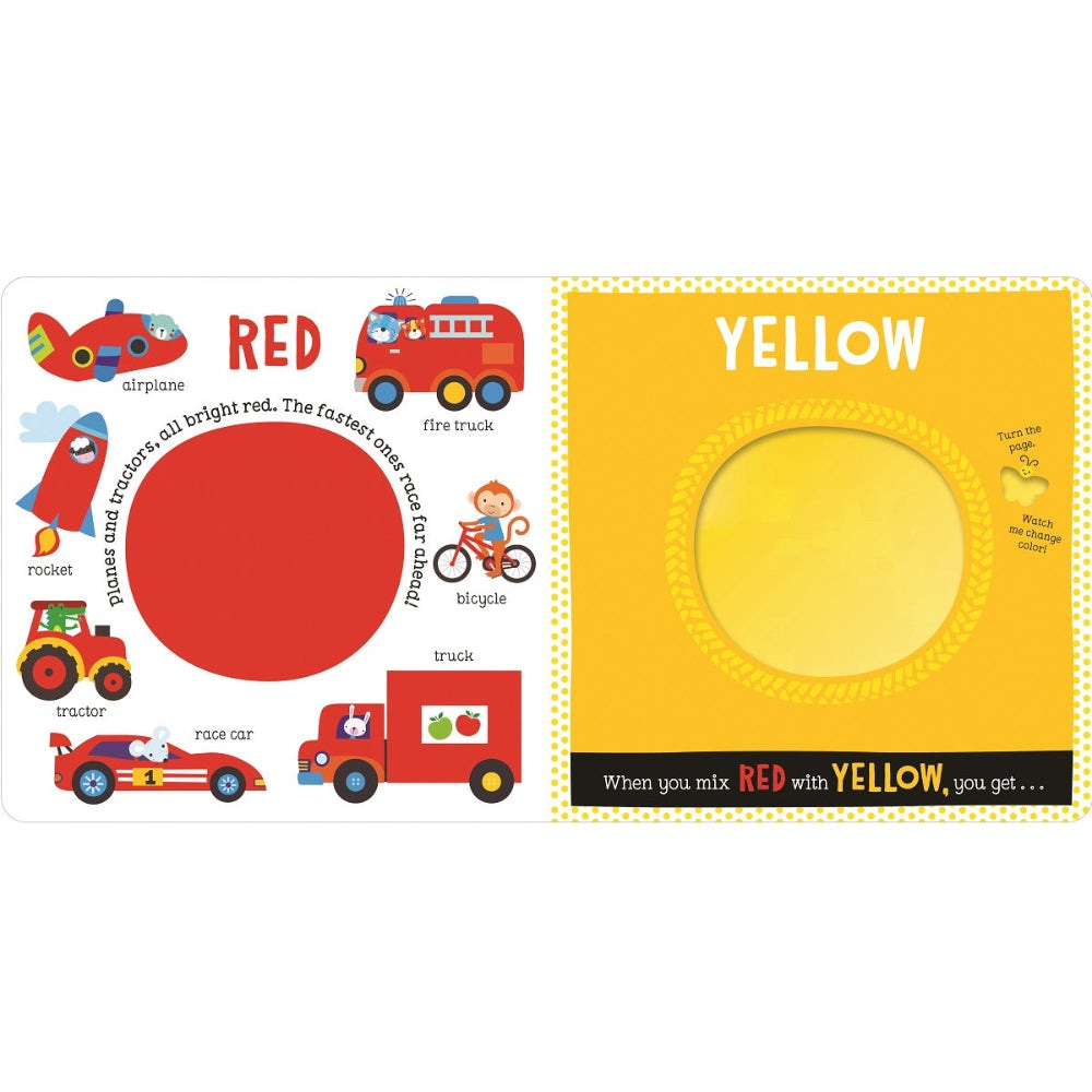 Make Believe Ideas My First Book Of Colors toy book open to red and yellow pages with vehicle illustrations