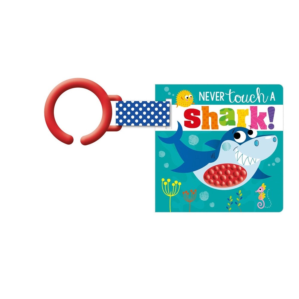 Make Believe Ideas Never Touch A Shark! stroller book with red clip and blue polka-dot strap