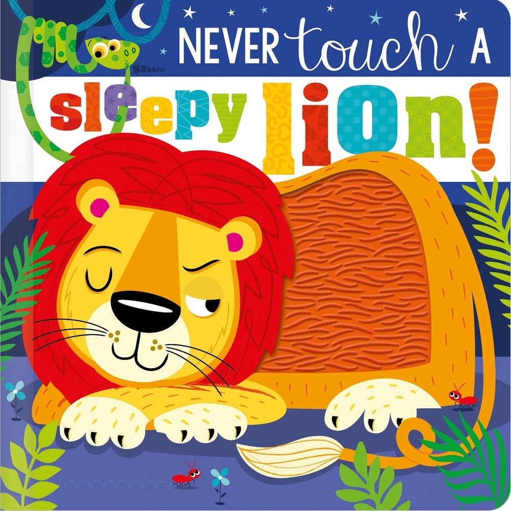 Children's book Never Touch A Sleepy Lion by MAKE BELIEVE IDEAS, colorful sleeping lion illustration