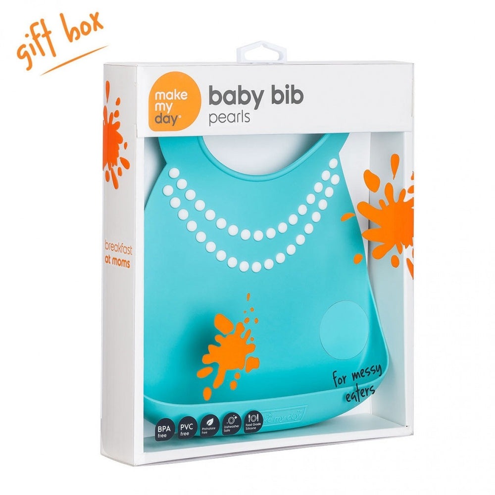 Make My Day baby bib blue pearl with white bead pattern for messy eaters
