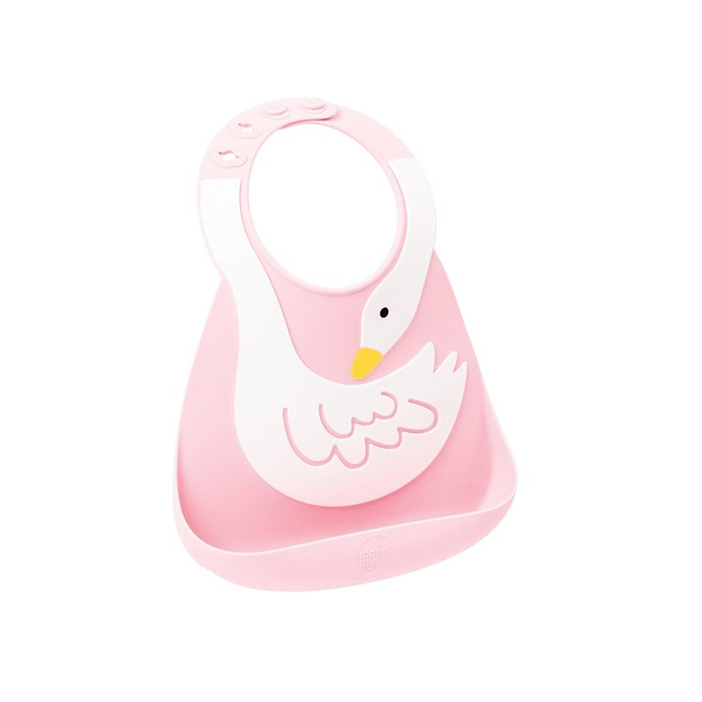 Make My Day Swan Dive baby bib in pink with white swan illustration and yellow beak.
