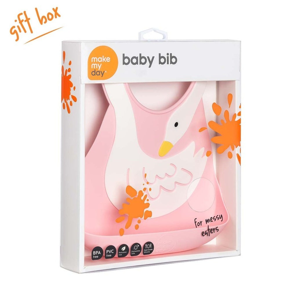 Make My Day Swan Dive baby bib, pink swan design with orange paint splashes