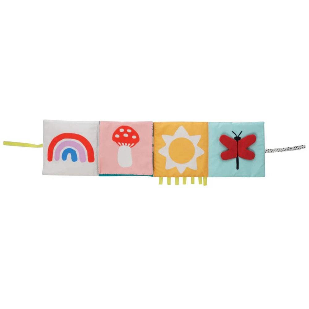 Manhattan Toy Wimmer Seek & Peek Book, a soft four-panel baby activity book with rainbow, mushroom, sun, butterfly and ribbon ties.