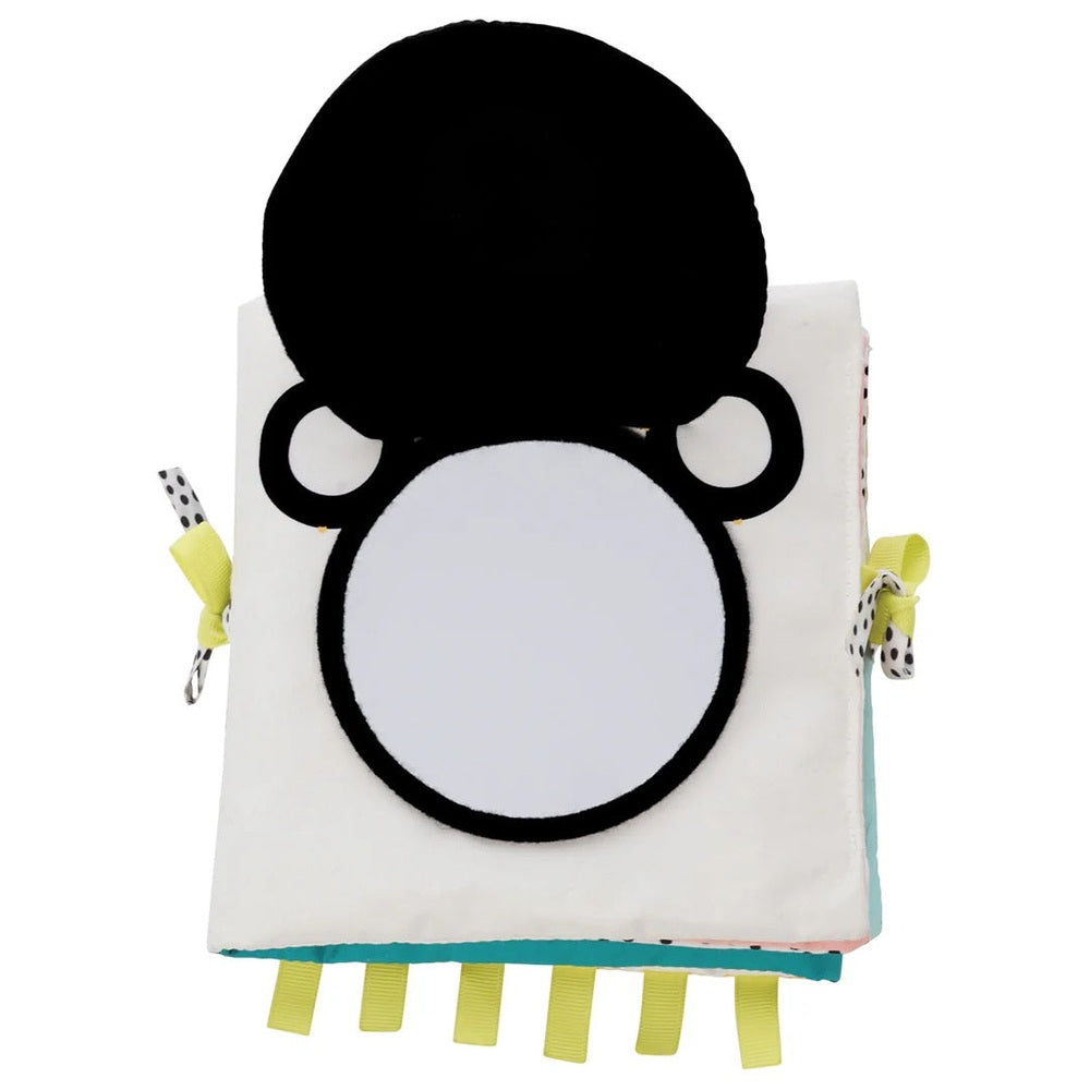 Manhattan Toy Wimmer Seek & Peek Book, soft fabric baby activity book with panda face and yellow ribbon tabs.