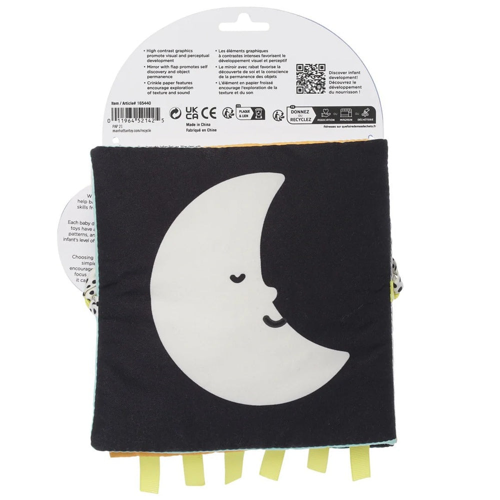 Manhattan Toy Wimmer Seek & Peek Book for babies, black fabric with white moon, yellow tabs visible.