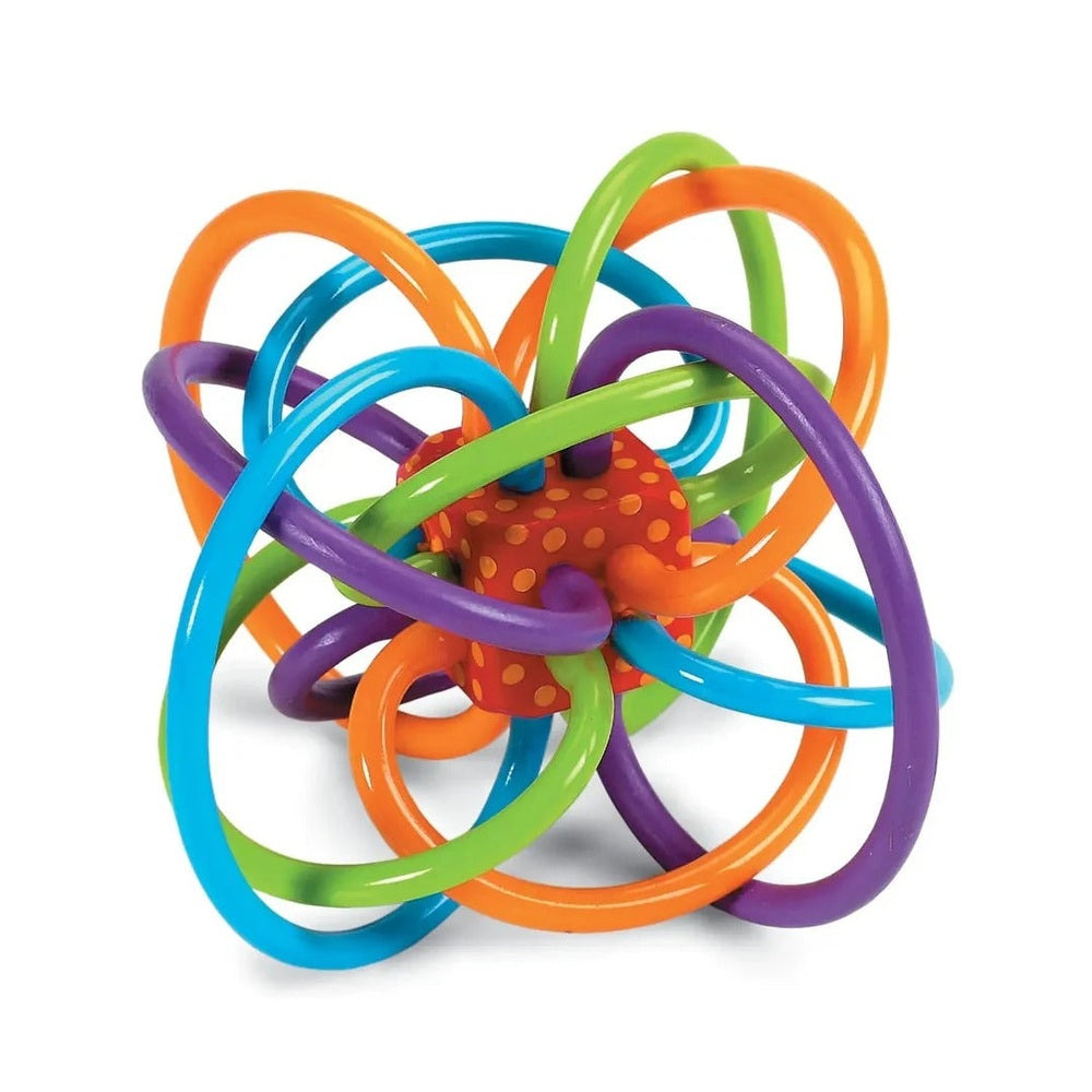 Manhattan Toy Winkel Rattle Sensory Teether Toy: bright interwoven rings around a dotted orange center cube, easy to grasp for soothing gums.
