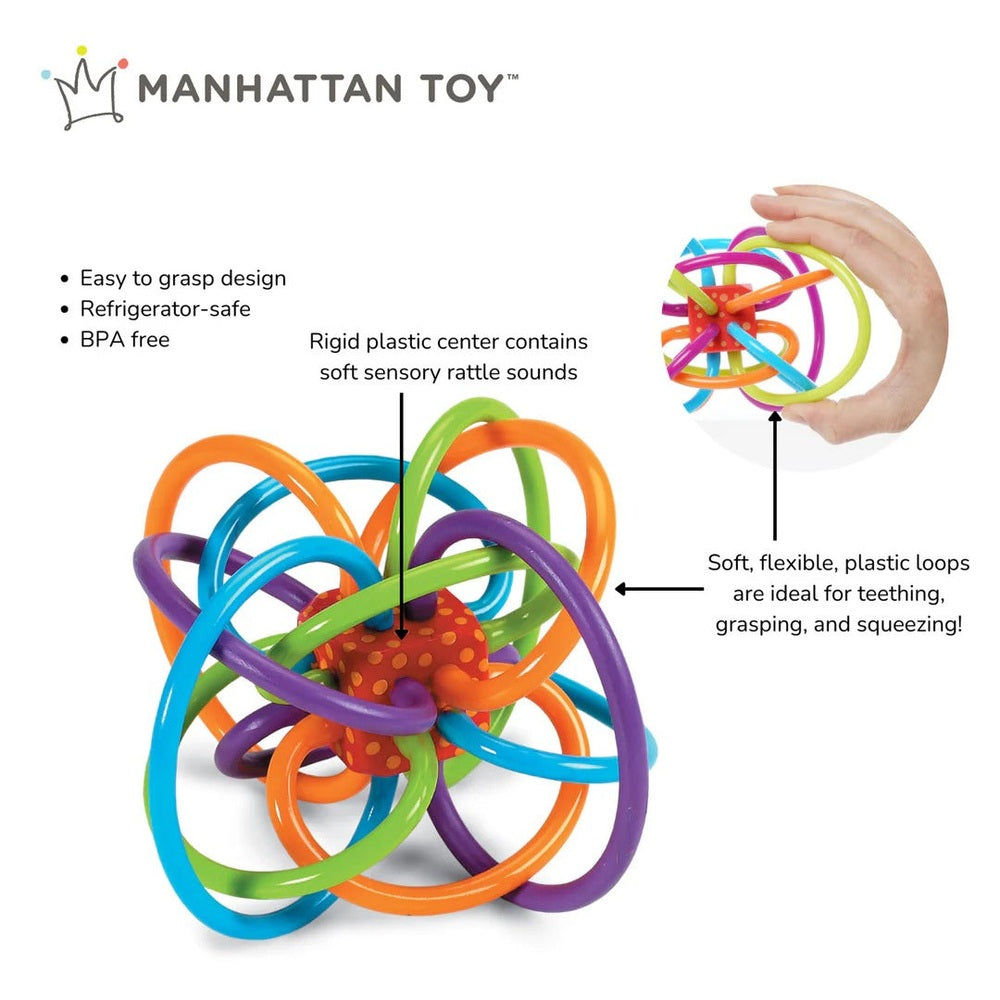 Manhattan Toy Winkel Rattle Sensory Teether Toy, multicolor interwoven loops being grasped, showcasing soft flexible teether loops.