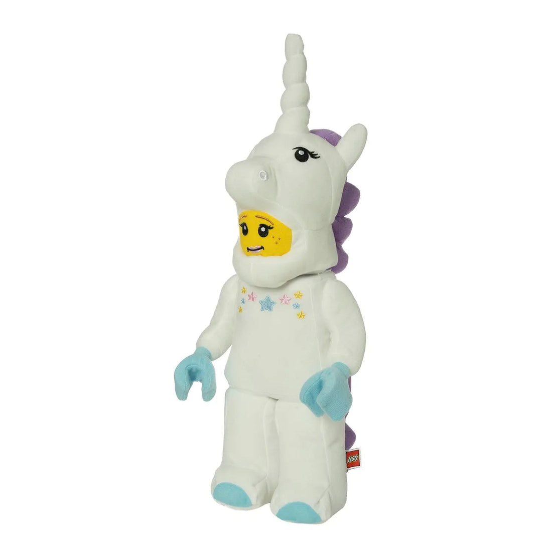 Manhattan Toy LEGO Iconic Unicorn Plush Minifigure three-quarter view with embroidered stars