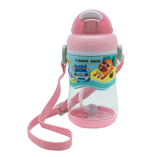 Marcus & Marcus 2 Stage Tritan Straw Bottle in pink with cartoon characters, clear body, and pink strap attached.