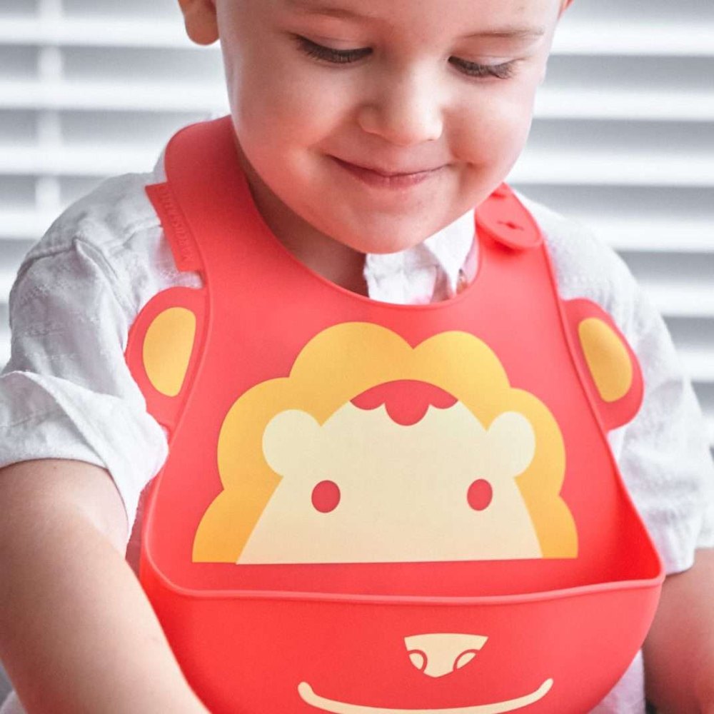 Marcus & Marcus baby bib red with yellow lion graphic for mealtime
