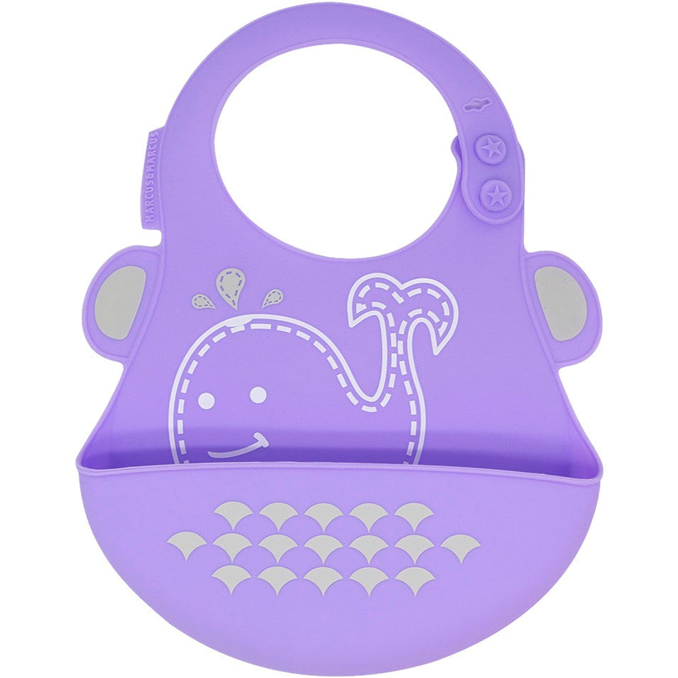 Marcus & Marcus silicone baby bib, purple with whale illustration and curved pocket tray