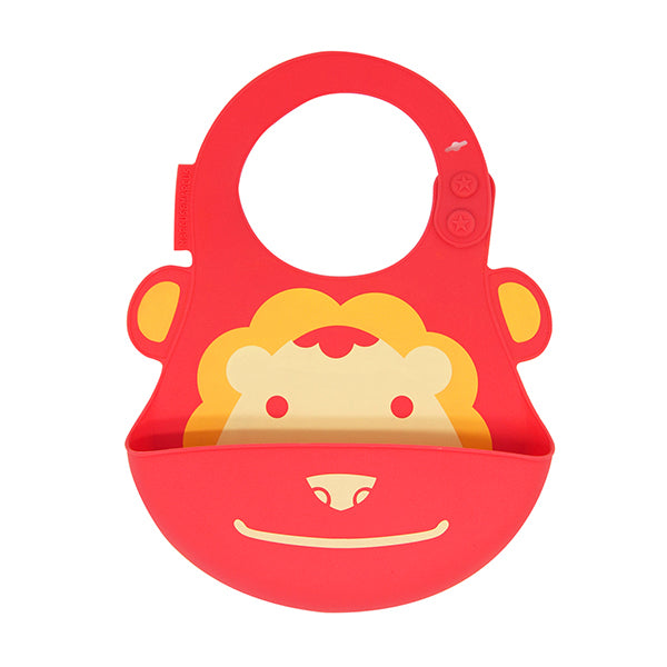 Marcus & Marcus baby bib silicone red with orange monkey face and front pocket