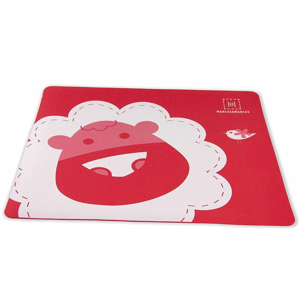 Marcus & Marcus Baby Placemat in red with white cloud motif and pink bear face, laid flat.