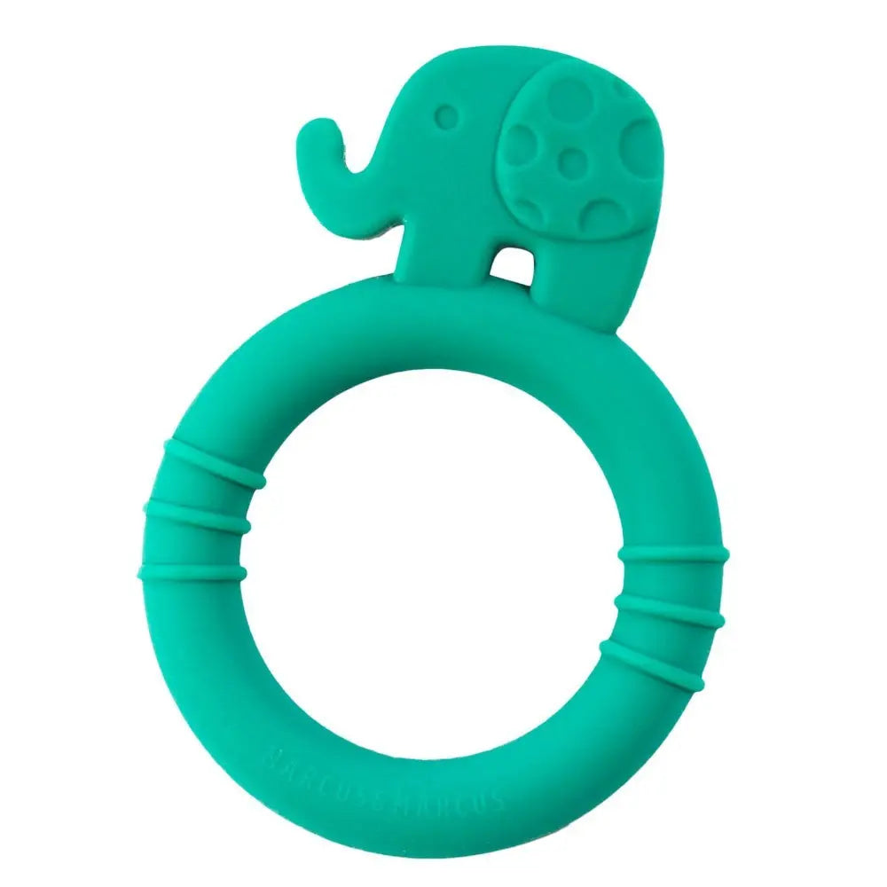 Marcus & Marcus Baby Teether elephant silicone ring in teal, easily gripped circular teether for infants