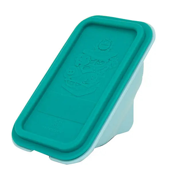 Marcus & Marcus Collapsible Sandwich Wedge Container in teal with white base, lid closed for compact storage.