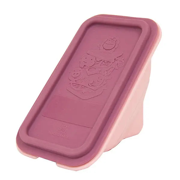 Marcus & Marcus Collapsible Sandwich Wedge Container, pink silicone lunch box shown closed with embossed logo.