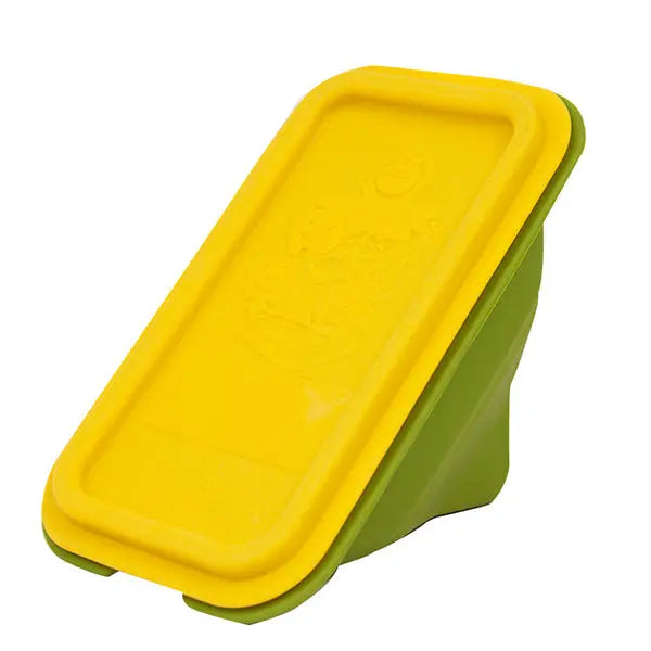 Marcus & Marcus Collapsible Sandwich Wedge Container; yellow lid on green base, ready for compact storage.