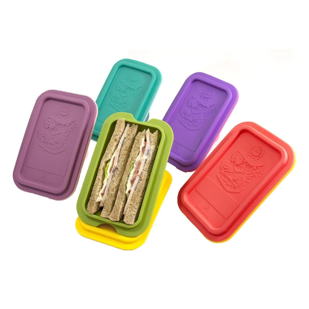 Marcus & Marcus Collapsible Sandwich Container set of 5 in bright colors, one open showing sandwiches.