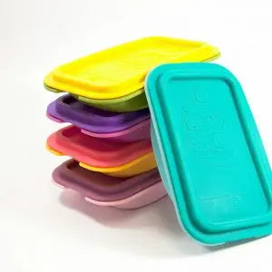 Marcus & Marcus Collapsible Sandwish Container set of 5 in teal, yellow, purple, pink, orange, stacked to show collapsible design.