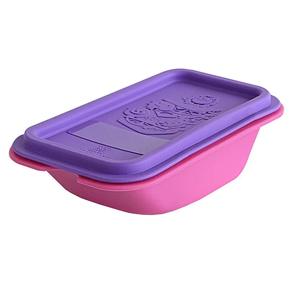 Marcus & Marcus Collapsible Sandwich Container pink base with purple lid, shown closed for compact packing.
