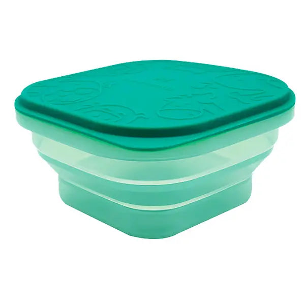 Marcus & Marcus Collapsible Snack Container: teal-lidded, three nested silicone bowls stacked for compact storage.