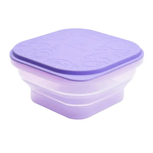 Marcus & Marcus Collapsible Snack Container in purple silicone with lid, shown expanded with three stacked folds.
