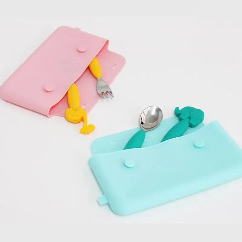 Marcus & Marcus Cutlery Pouch with pink and teal pouches holding silicone utensils for on-the-go feeding