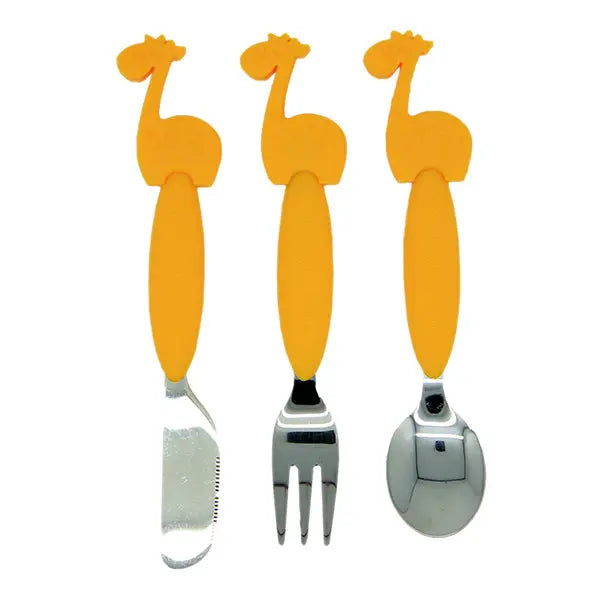 Marcus & Marcus Cutlery Set, 3-piece yellow giraffe-handled baby utensils, knife with rounded blade, fork tines, spoon bowl visible