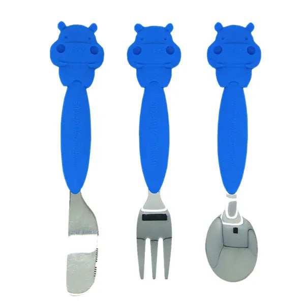 Marcus & Marcus Cutlery Set with blue silicone handles; three-piece knife, fork, spoon ready for tiny hands at mealtime