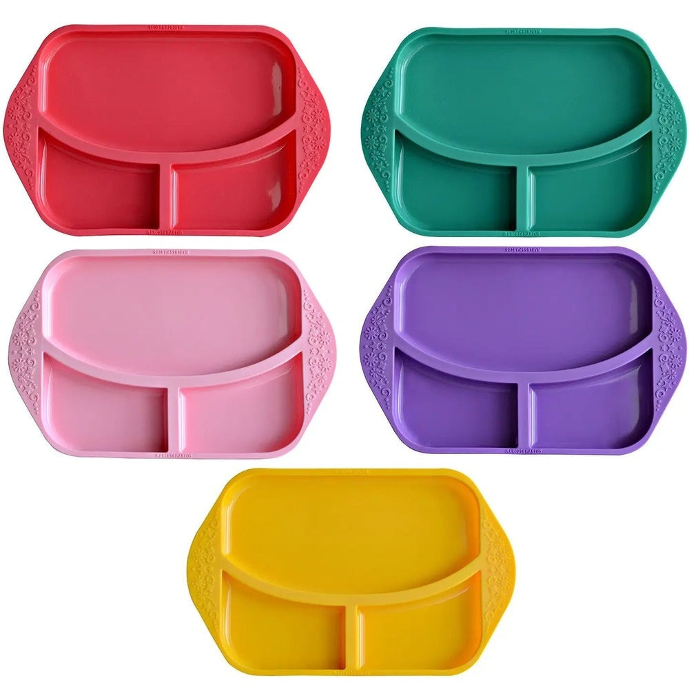 Marcus & Marcus Divided Plate set, five colorful plates with two compartments each in red, teal, pink, purple, and yellow.