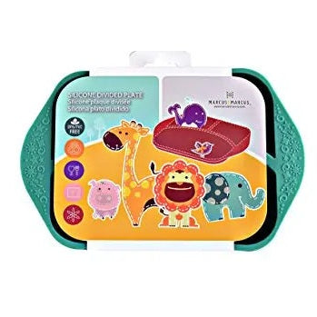 Marcus & Marcus Divided Plate with teal handles and colorful animal illustration, showcasing separate sections