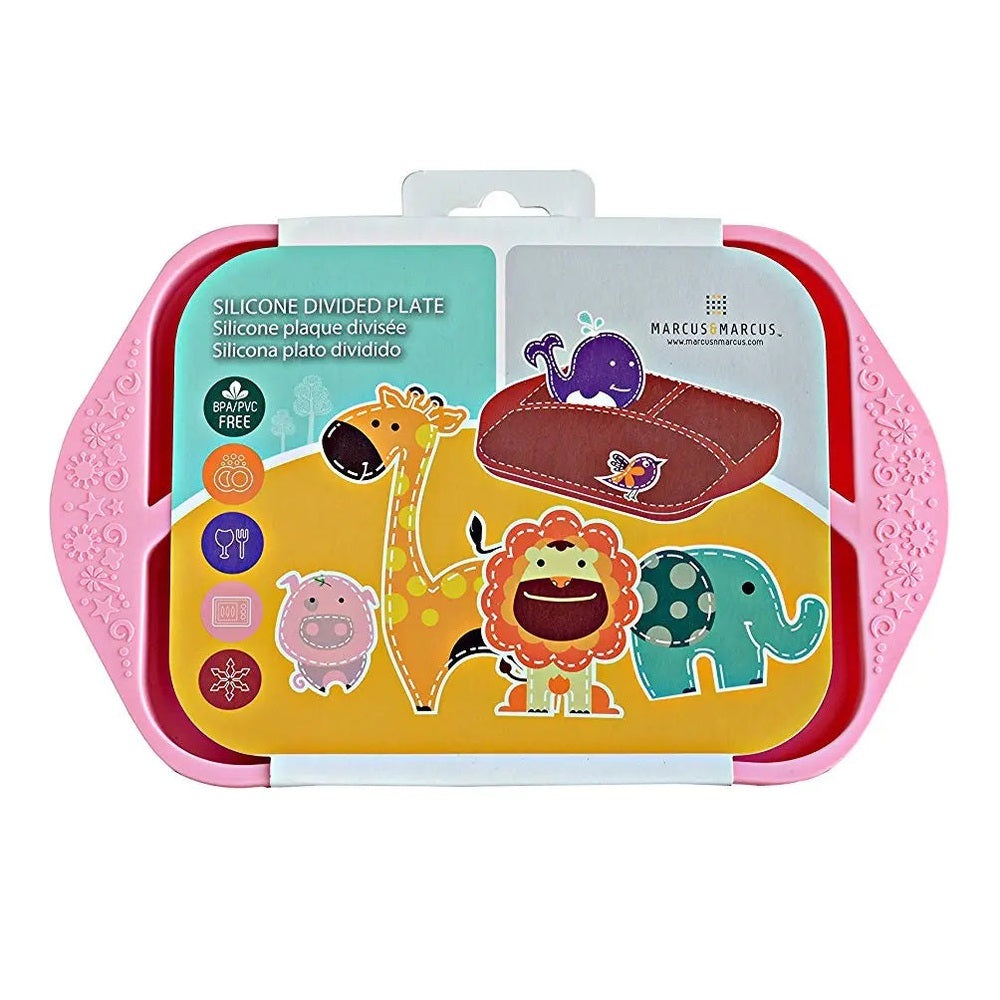 Marcus & Marcus Divided Plate silicone plate with pink handles, featuring colorful safari animals on a yellow tray.