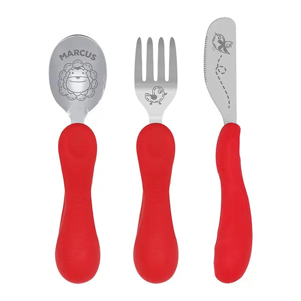 Marcus & Marcus Easy Grip Cutlery Set with red ergonomic handles; spoon, fork, and knife designed for tiny hands.
