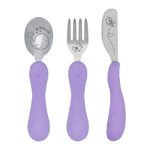 Marcus & Marcus Easy Grip Cutlery Set with purple ergonomic handles; spoon, fork, knife laid out for toddler dining
