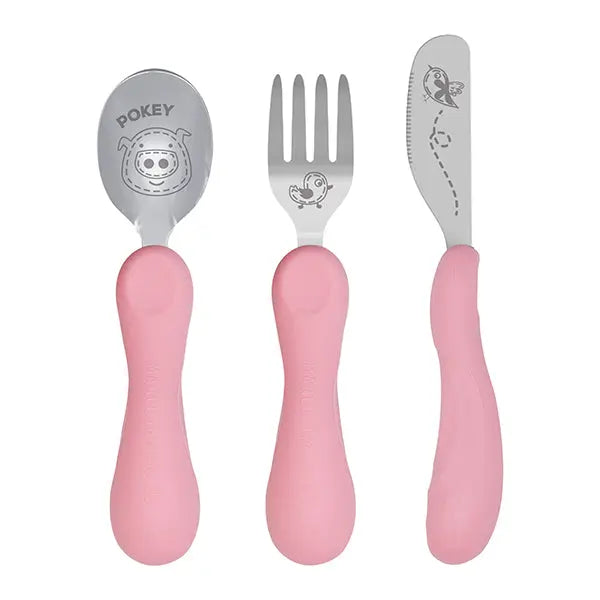 Marcus & Marcus Easy Grip Cutlery Set in pink handles; a three-piece toddler feeding set with ergonomic grips.