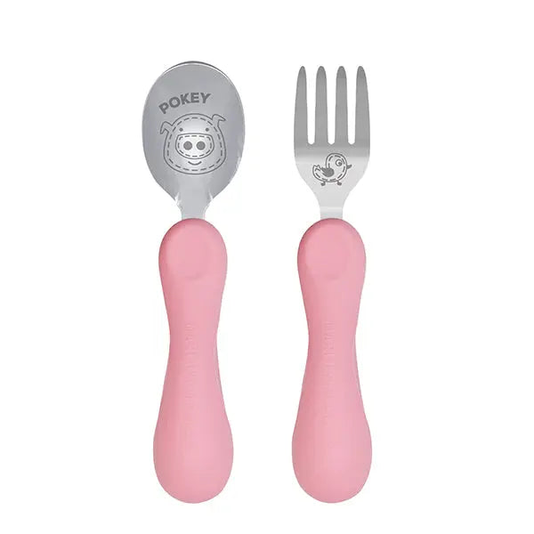 Marcus & Marcus Easy Grip Spoon & Fork Set, pink handles with stainless steel heads