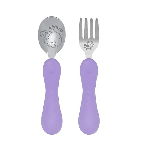 Marcus & Marcus Easy Grip Spoon & Fork Set—two baby utensils with purple handles and stainless steel heads, displayed side by side.