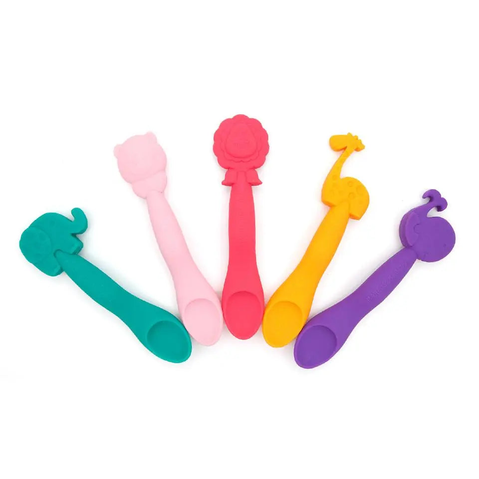 Marcus & Marcus Feeding Spoon set of 6 silicone spoons in bright colors with animal ends, fanned out.