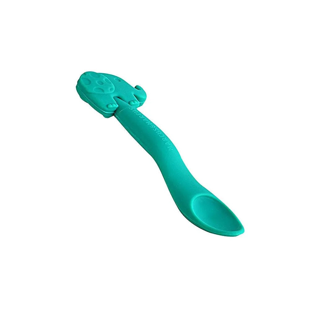 Marcus & Marcus Feeding Spoon, teal silicone with a textured head, angled as if scooping puree.