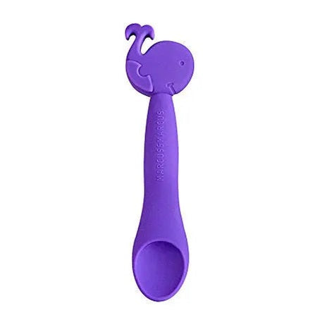 Marcus & Marcus Feeding Spoon, purple silicone with elephant-top design, shown ready to scoop baby food.